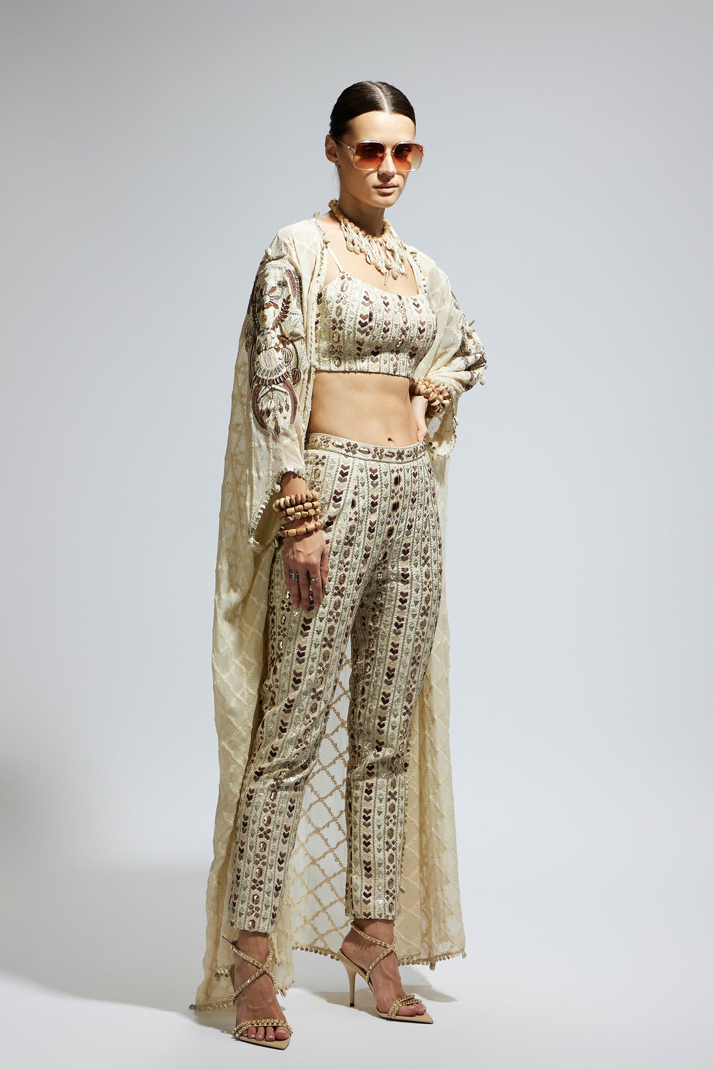 SVA Ivory Aztec Embellished Cape Set indian designer wear online shopping melange singapore
