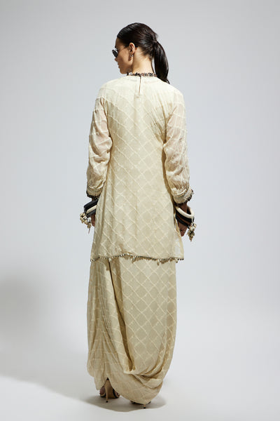 SVA Ivory Aztec Yoke Embroidered Tunic Paired With Drape Skirt indian designer wear online shopping melange singapore