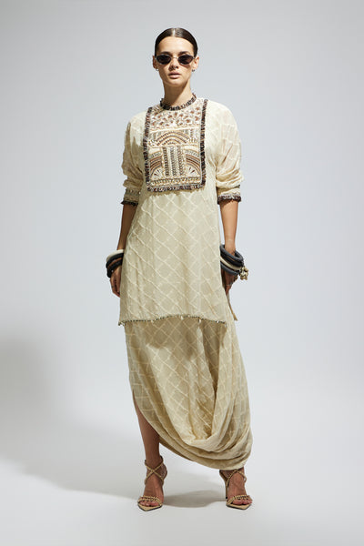 SVA Ivory Aztec Yoke Embroidered Tunic Paired With Drape Skirt indian designer wear online shopping melange singapore