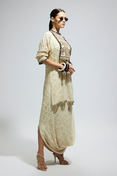 SVA Ivory Aztec Yoke Embroidered Tunic Paired With Drape Skirt indian designer wear online shopping melange singapore