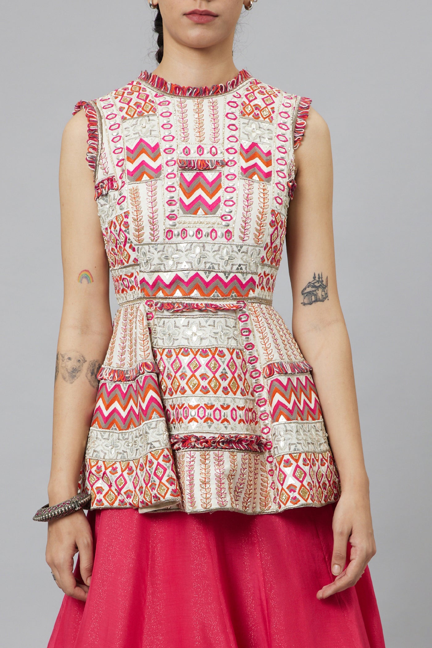 SVA Ivory Embellished Peplum Teamed With Pink Lehenga indian designer wear online shopping melange singapore