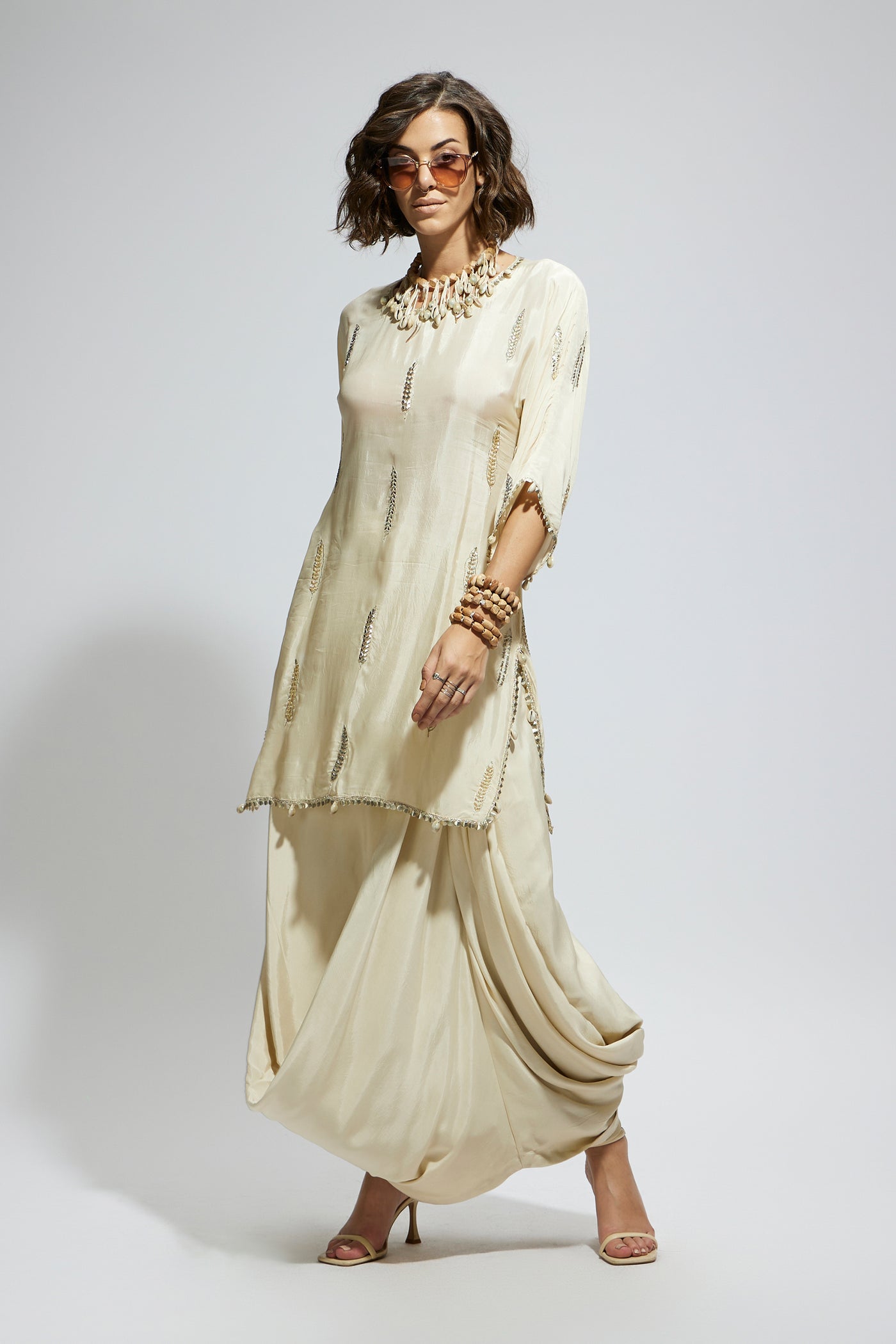 SVA Ivory Embellished Tunic With Drape Skirt indian designer wear online shopping melange singapore