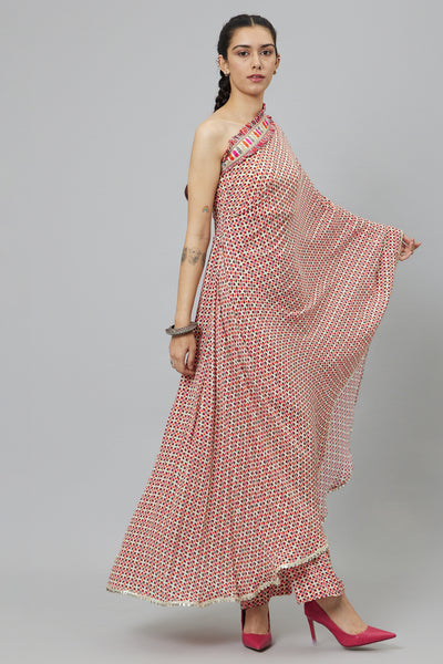 SVA Ivory Geometric Print One Shoulder Saree With Pants indian designer wear online shopping melange singapore