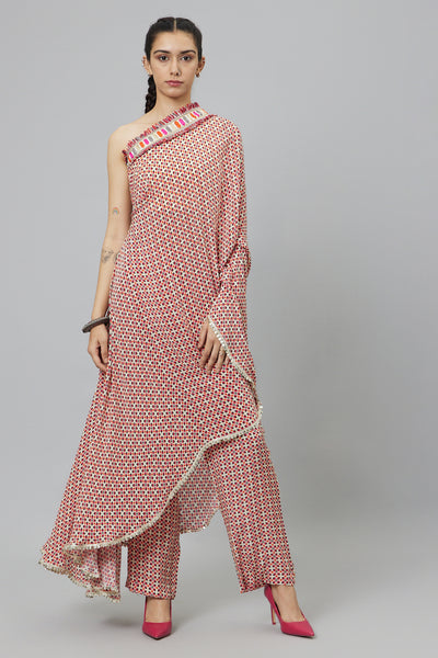 SVA Ivory Geometric Print One Shoulder Saree With Pants indian designer wear online shopping melange singapore