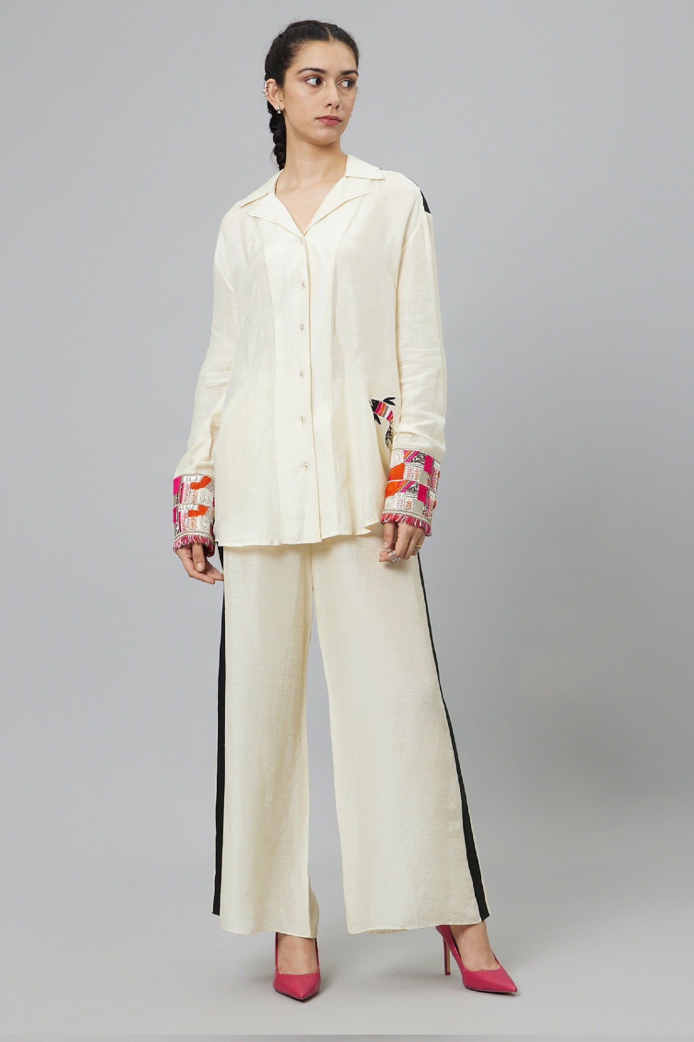 SVA Ivory Linen Sport Coord Set With Fisherwoman Applique indian designer wear online shopping melange singapore