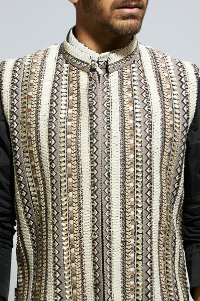 SVA Ivory Threadwork Embellished Bundi Paired With Kurta And Pants indian designer wear online shopping melange singapore