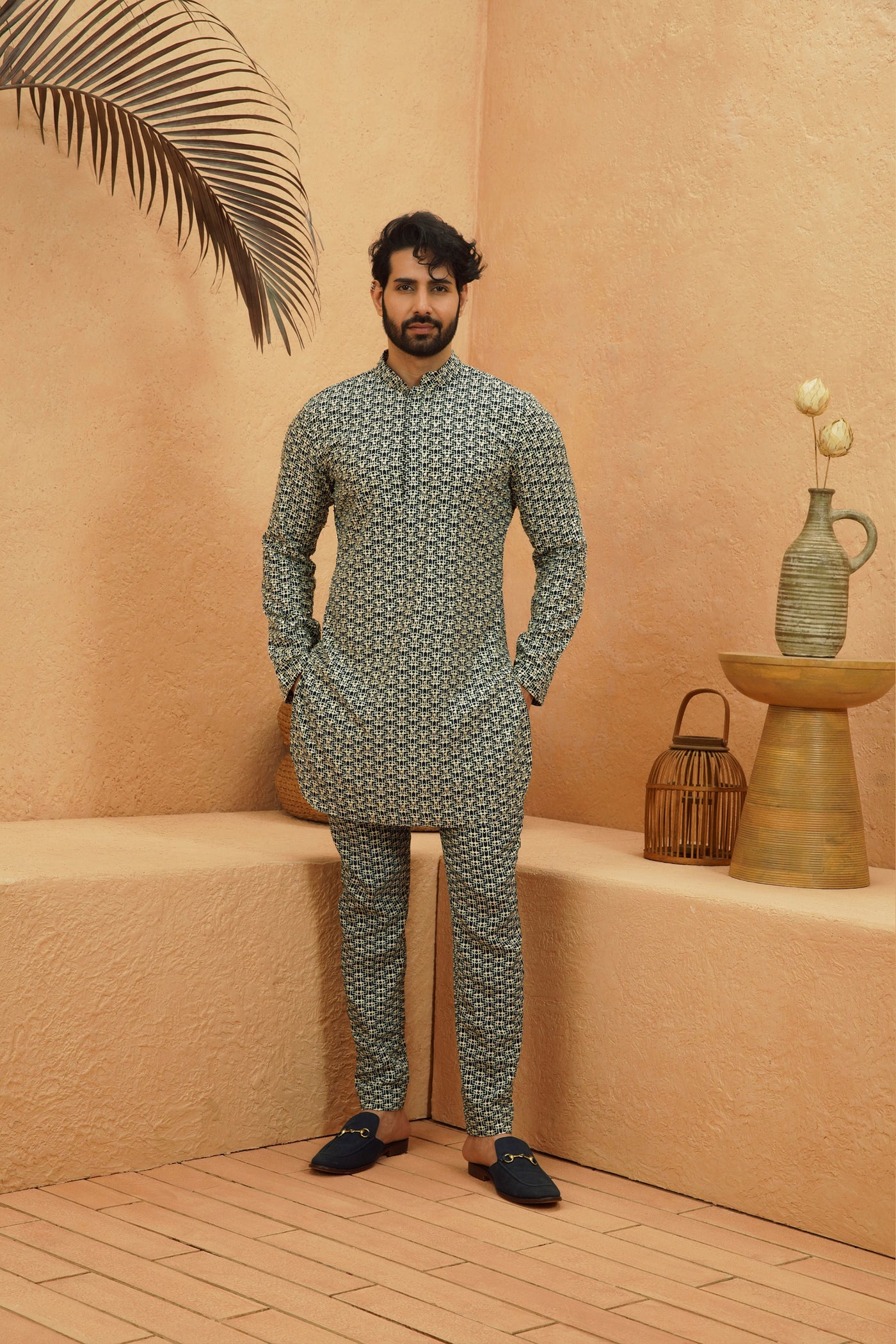 SVA Kuba Embellished And Printed Kurta Set indian designer wear online shopping melange singapore

