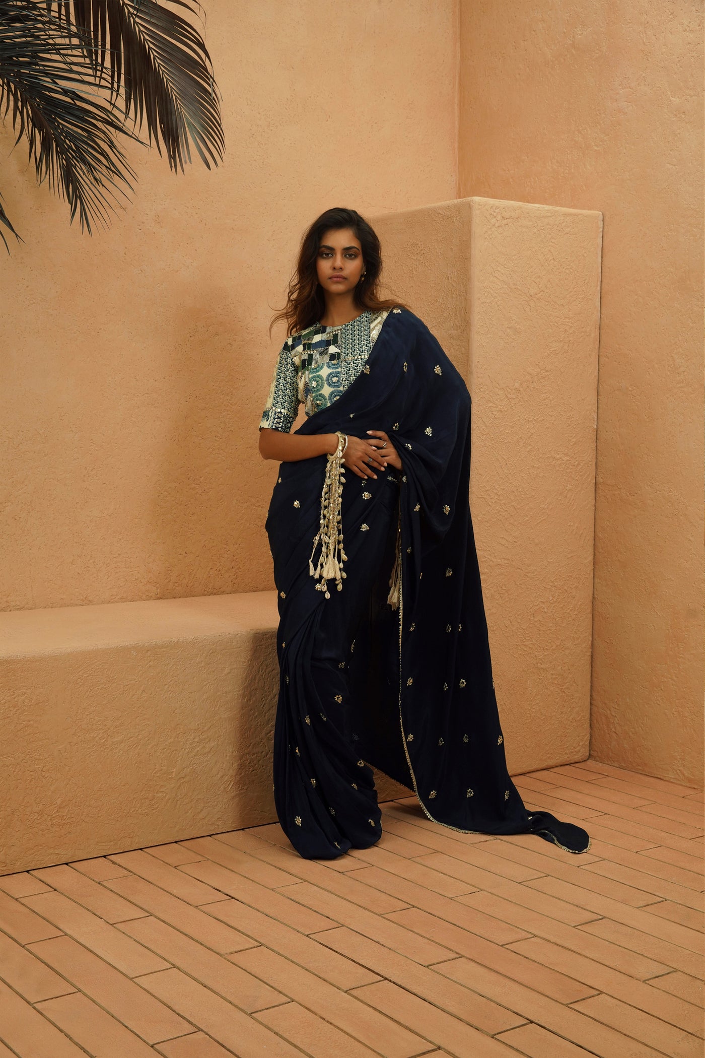 SVA Layla Midnight Blue Embellished Saree With Patchwork Blouse indian designer wear online shopping melange singapore