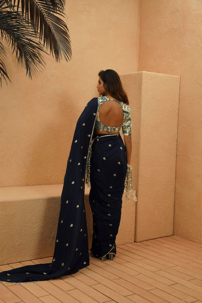 SVA Layla Midnight Blue Embellished Saree With Patchwork Blouse indian designer wear online shopping melange singapore