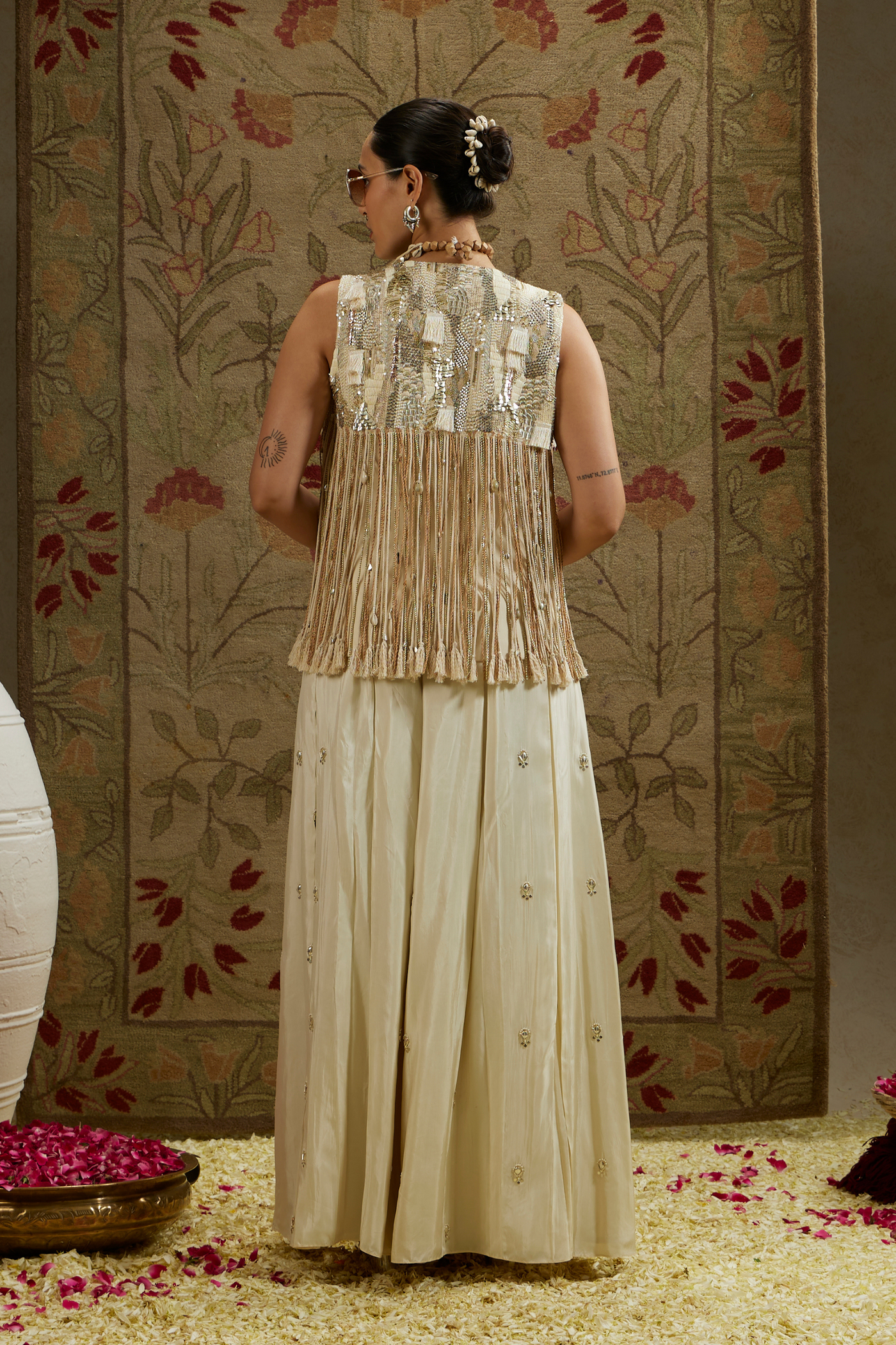 Magnolia Cream Threadwork Fringe Jacket Paired with Metallic Bustier and Ivory Embellished Flared Pants