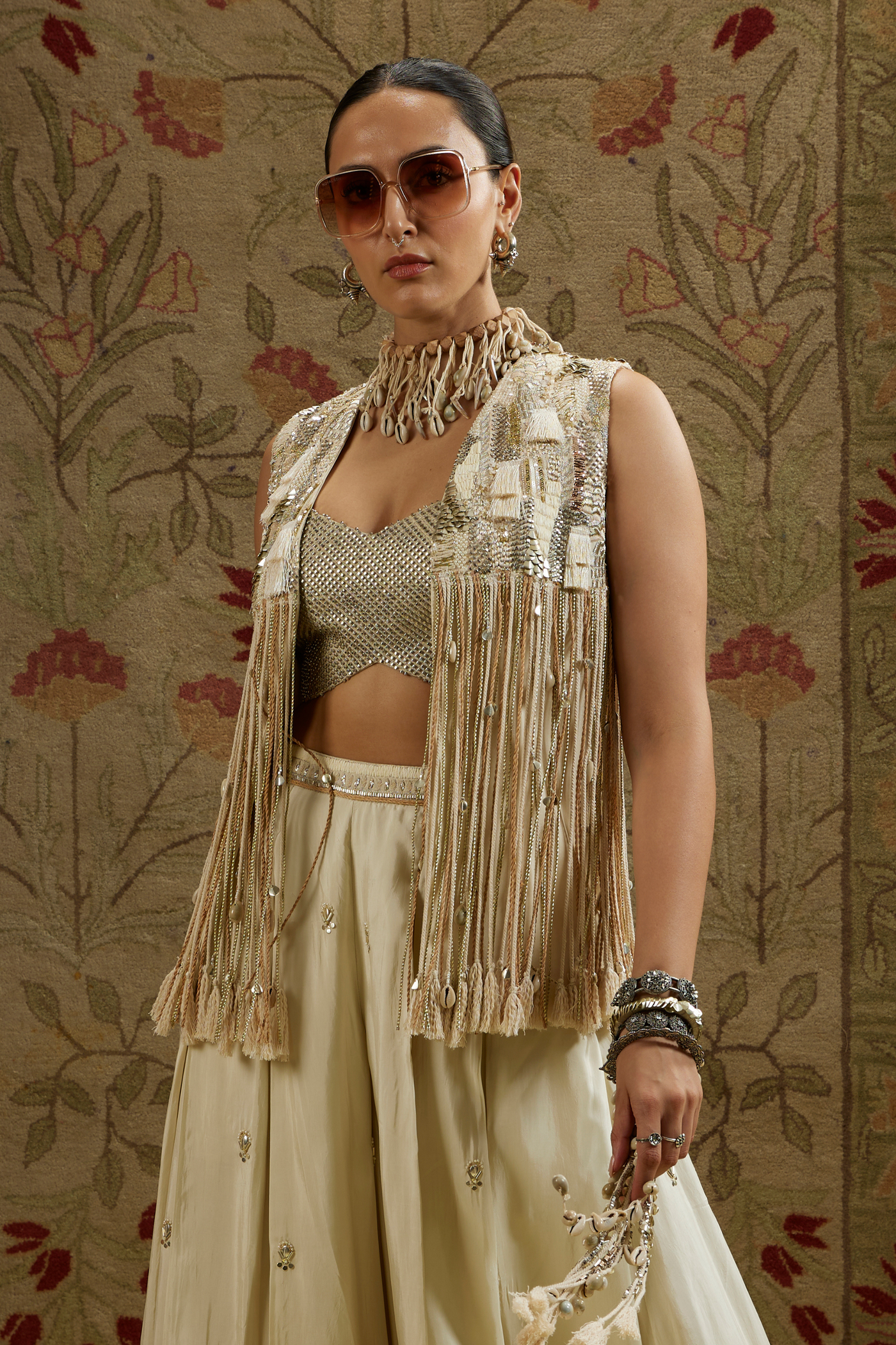 Magnolia Cream Threadwork Fringe Jacket Paired with Metallic Bustier and Ivory Embellished Flared Pants