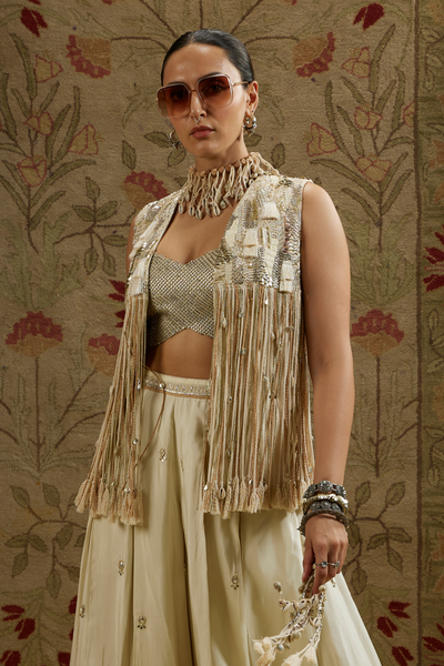 Magnolia Cream Threadwork Fringe Jacket Paired with Metallic Bustier and Ivory Embellished Flared Pants