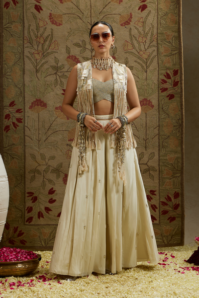 Magnolia Cream Threadwork Fringe Jacket Paired with Metallic Bustier and Ivory Embellished Flared Pants