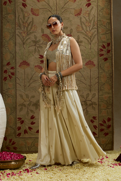 Magnolia Cream Threadwork Fringe Jacket Paired with Metallic Bustier and Ivory Embellished Flared Pants