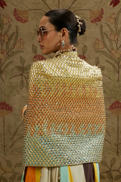 SVA Womenswear Multi Colored Metallic Cape Jacket Paired with Stripe Printed Bustier and Drape Skirt Indian Designer Wear Online Shopping Melange Singapore