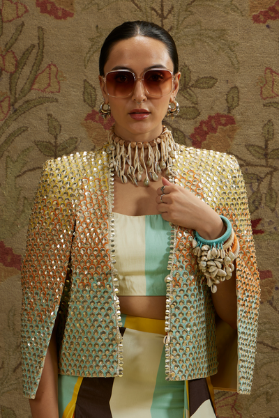 SVA Womenswear Multi Colored Metallic Cape Jacket Paired with Stripe Printed Bustier and Drape Skirt Indian Designer Wear Online Shopping Melange Singapore