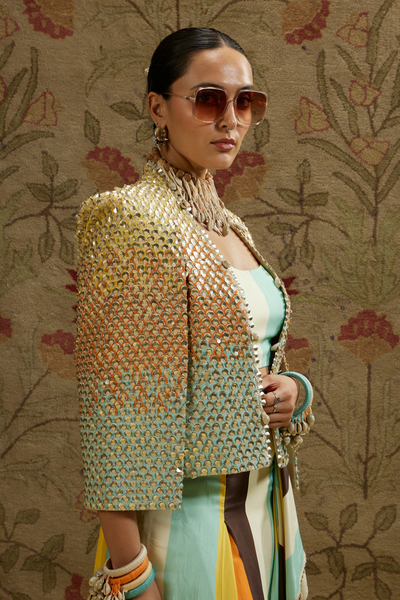 SVA Womenswear Multi Colored Metallic Cape Jacket Paired with Stripe Printed Bustier and Drape Skirt Indian Designer Wear Online Shopping Melange Singapore