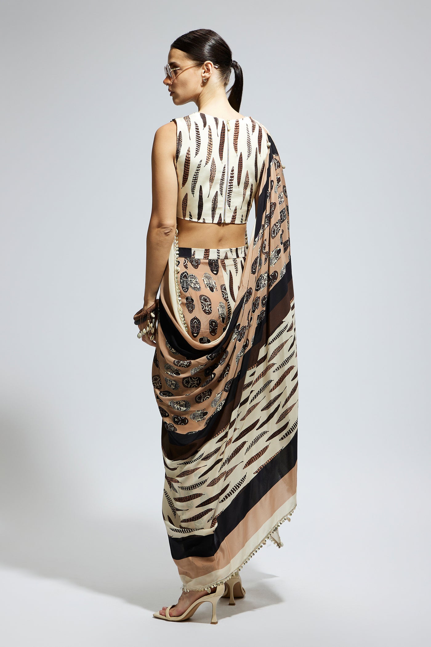 SVA Mask And Feather Print Crop Top Set indian designer wear online shopping melange singapore