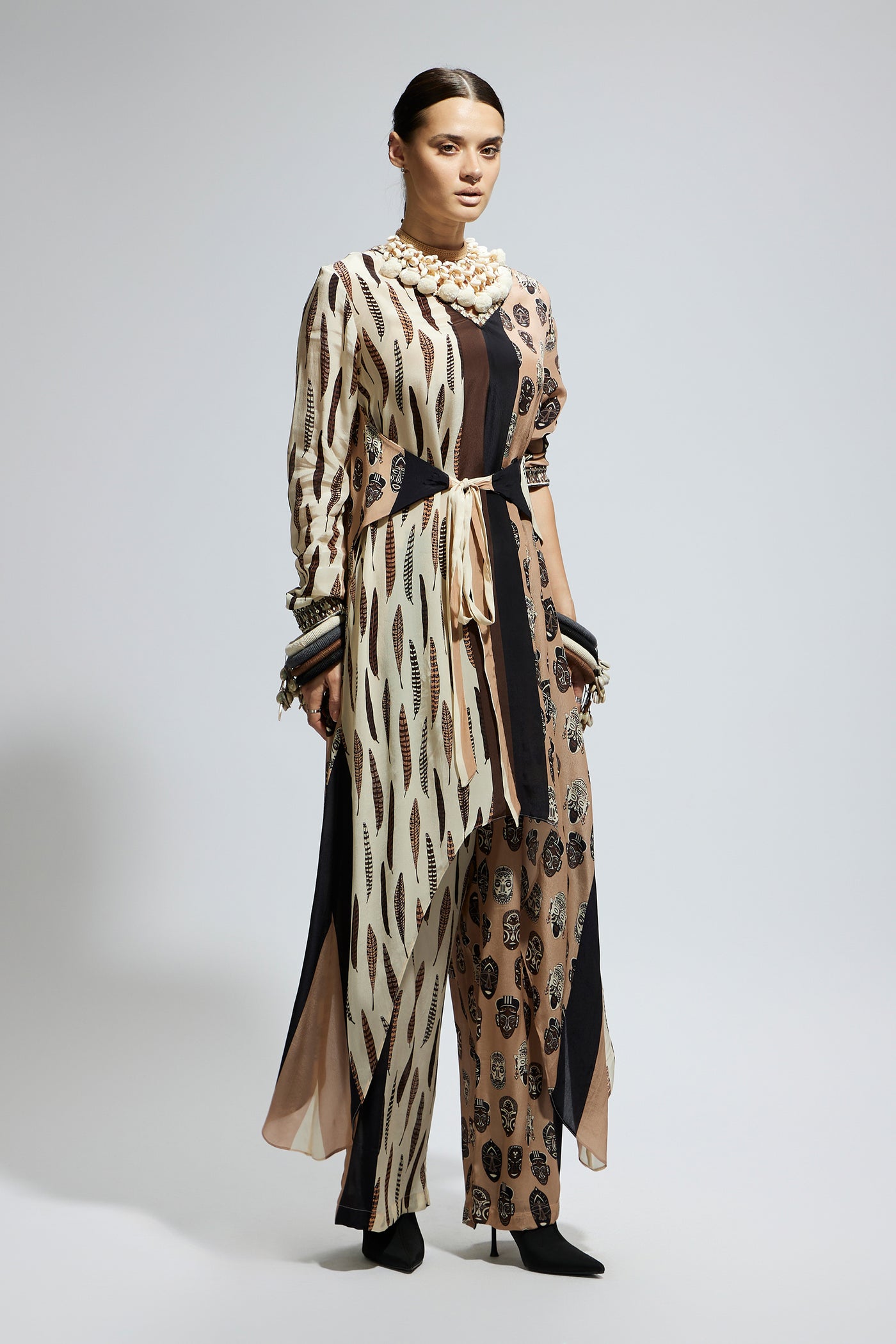 SVA Mask And Feather Print Front Tie Up Tunic indian designer wear online shopping melange singapore