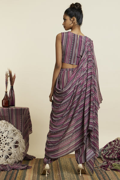 SVA Merlot Boho Stripe Print Crop Top With Attached Drape With Pants Indian designer wear online shopping melange singapore