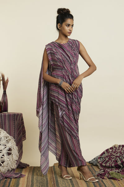 SVA Merlot Boho Stripe Print Crop Top With Attached Drape With Pants Indian designer wear online shopping melange singapore