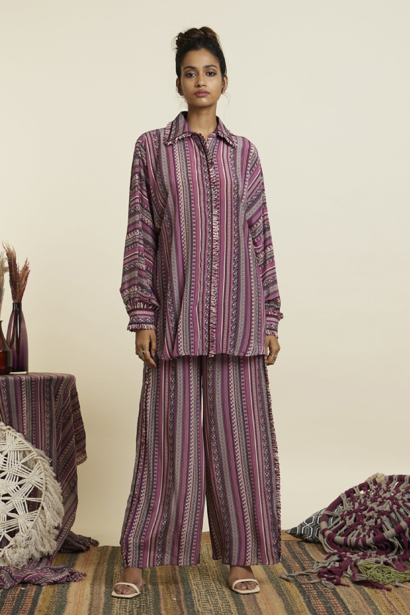 SVA Merlot Boho Stripe Print Oversized Coord Set Indian designer wear online shopping melange singapore