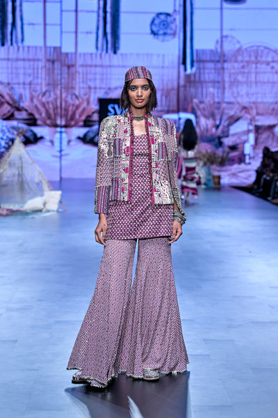 SVA Merlot Embellished Camisole With Sharara Pants And Jacket Indian designer wear online shopping melange singapore