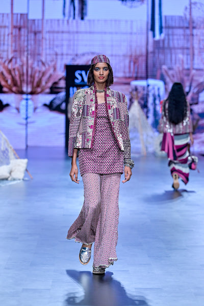 SVA Merlot Embellished Camisole With Sharara Pants And Jacket Indian designer wear online shopping melange singapore