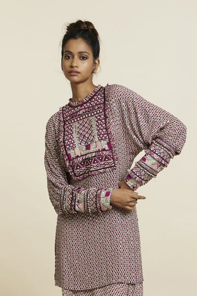 SVA Merlot Geo Embellished Yoke Kurta Paired With Drape Skirt Indian designer wear online shopping melange singapore