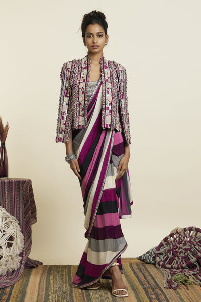 SVA Merlot Stripe Print Cascade Saree Paired With Bustier And Jacket Indian designer wear online shopping melange singapore