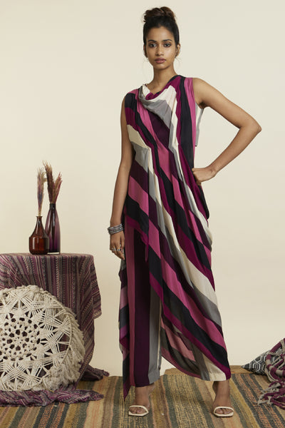 SVA Merlot Stripe Print Crop Top With Attached Drape With Pants Indian designer wear online shopping melange singapore