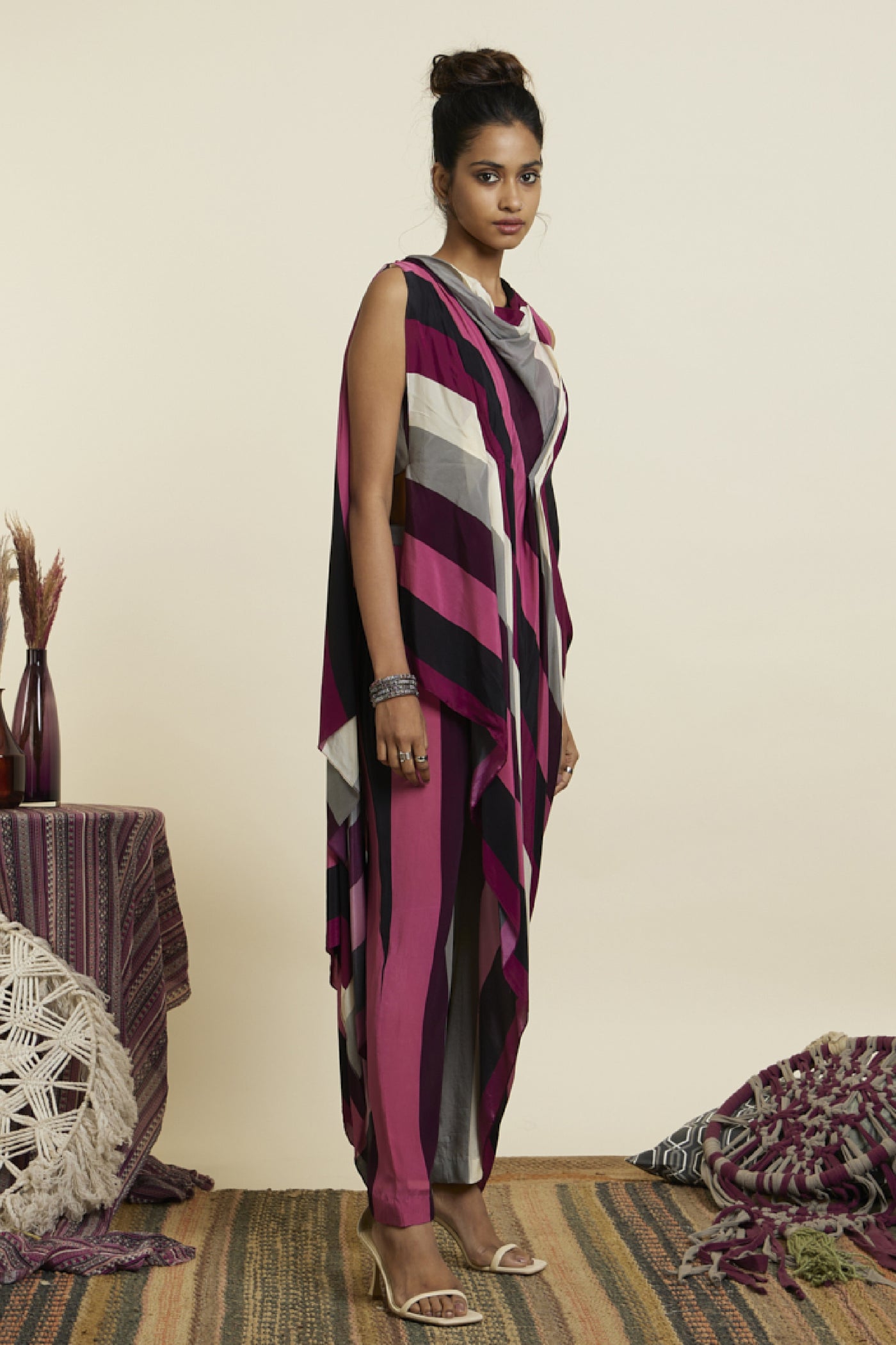 SVA Merlot Stripe Print Crop Top With Attached Drape With Pants Indian designer wear online shopping melange singapore
