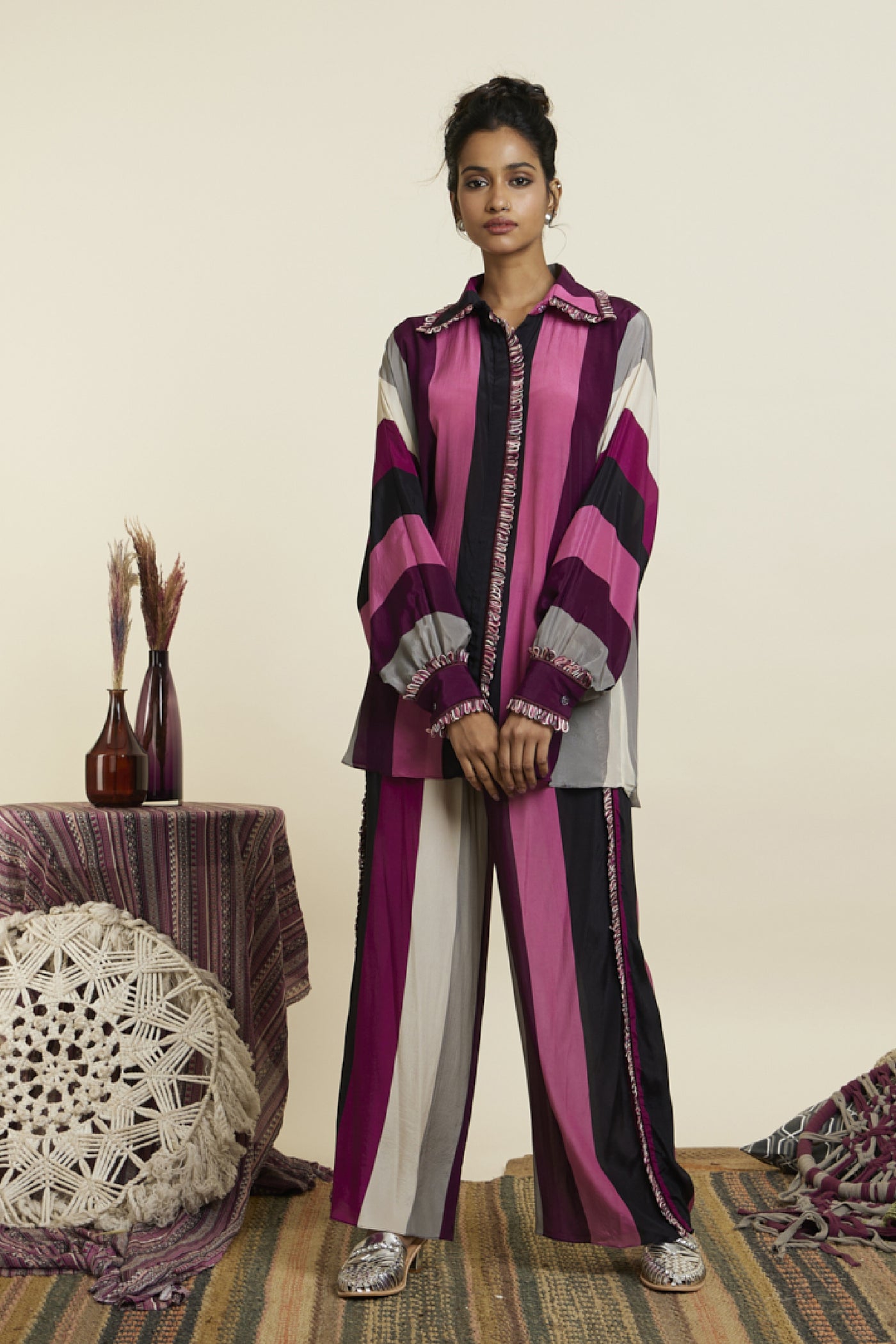 SVA Merlot Stripe Print Oversized Coord Set Indian designer wear online shopping melange singapore