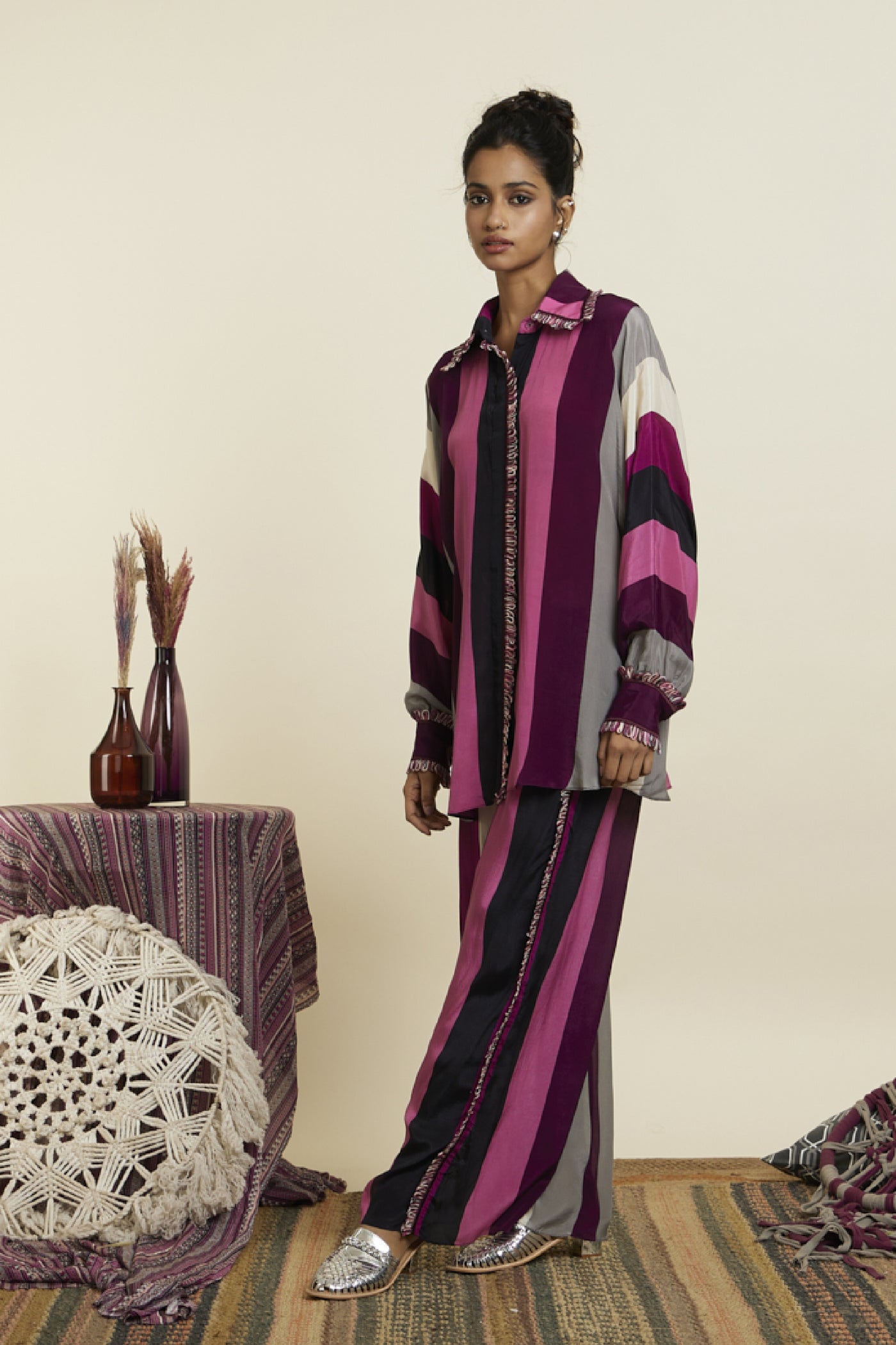 SVA Merlot Stripe Print Oversized Coord Set Indian designer wear online shopping melange singapore