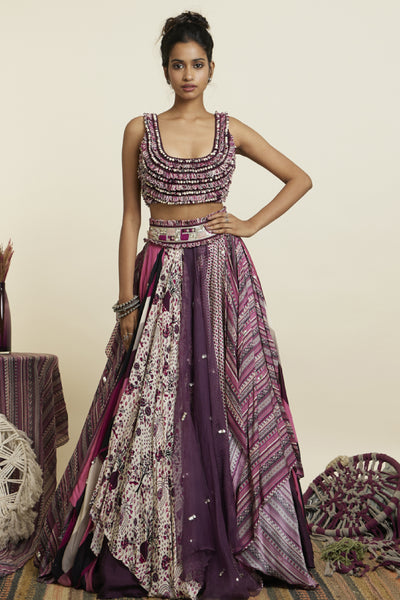 SVA Merlot Textured Croptop Teamed With Multi Printed Boho Skirt Indian designer wear online shopping melange singapore