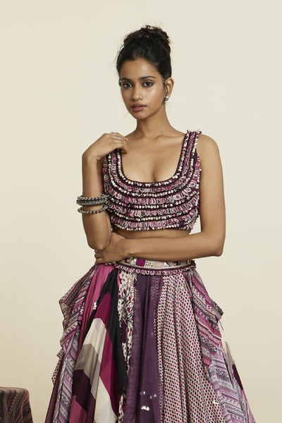 SVA Merlot Textured Croptop Teamed With Multi Printed Boho Skirt Indian designer wear online shopping melange singapore
