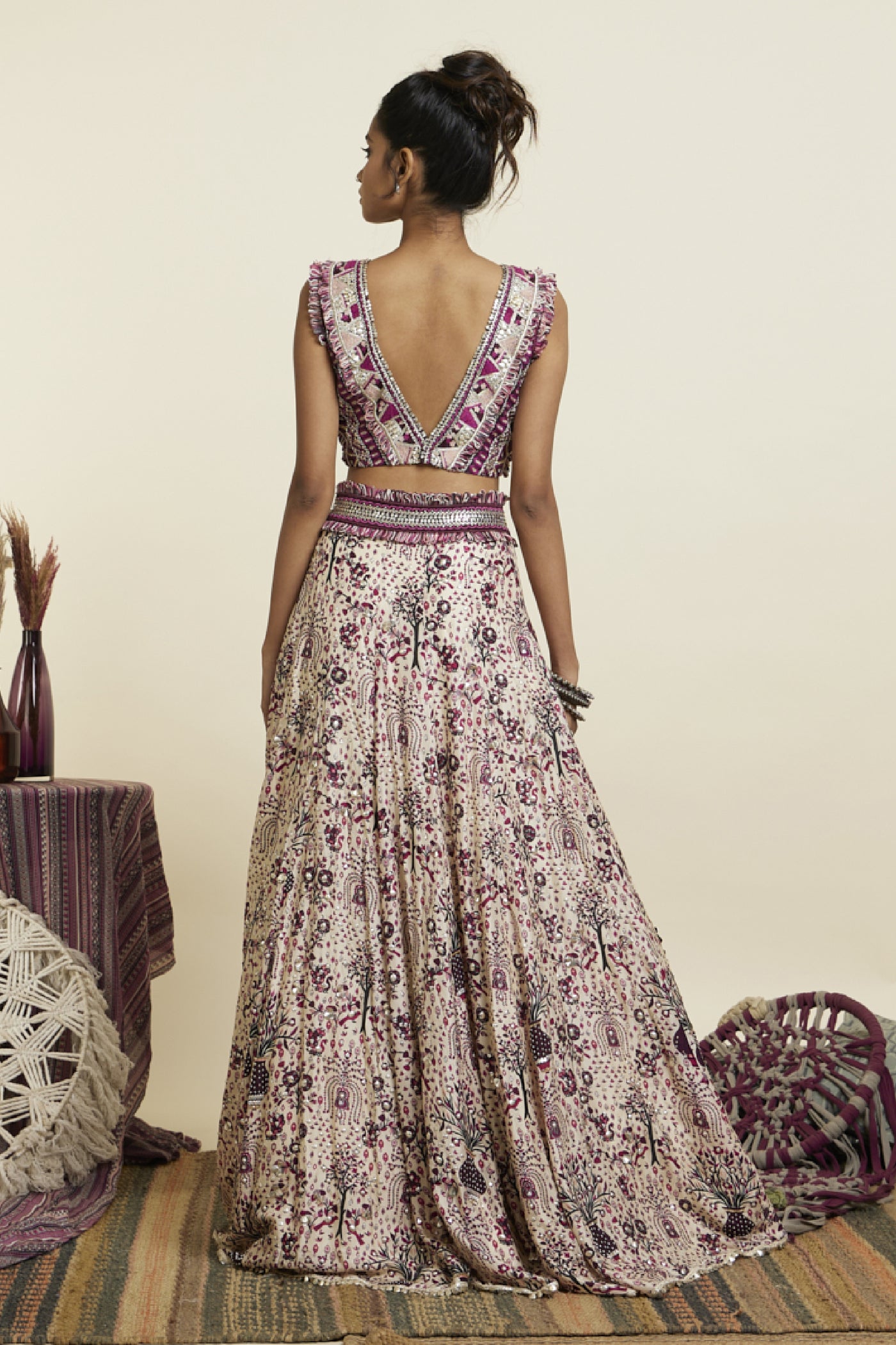 SVA Merlot Print Embellished Bustier Teamed With Highlighted Lehenga Indian designer wear online shopping melange singapore