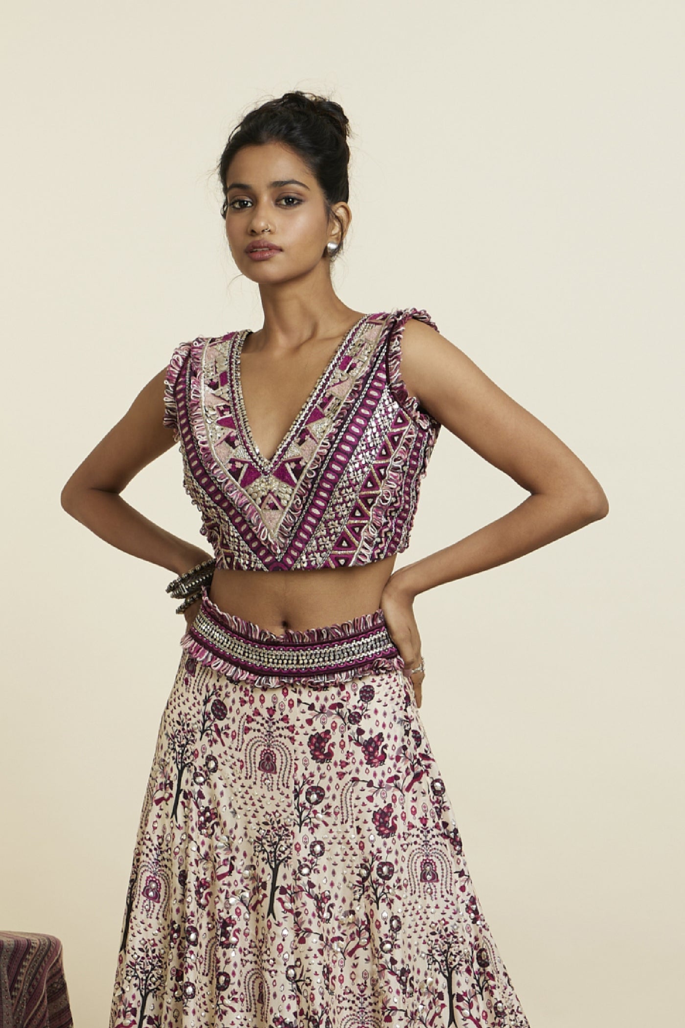 SVA Merlot Print Embellished Bustier Teamed With Highlighted Lehenga Indian designer wear online shopping melange singapore