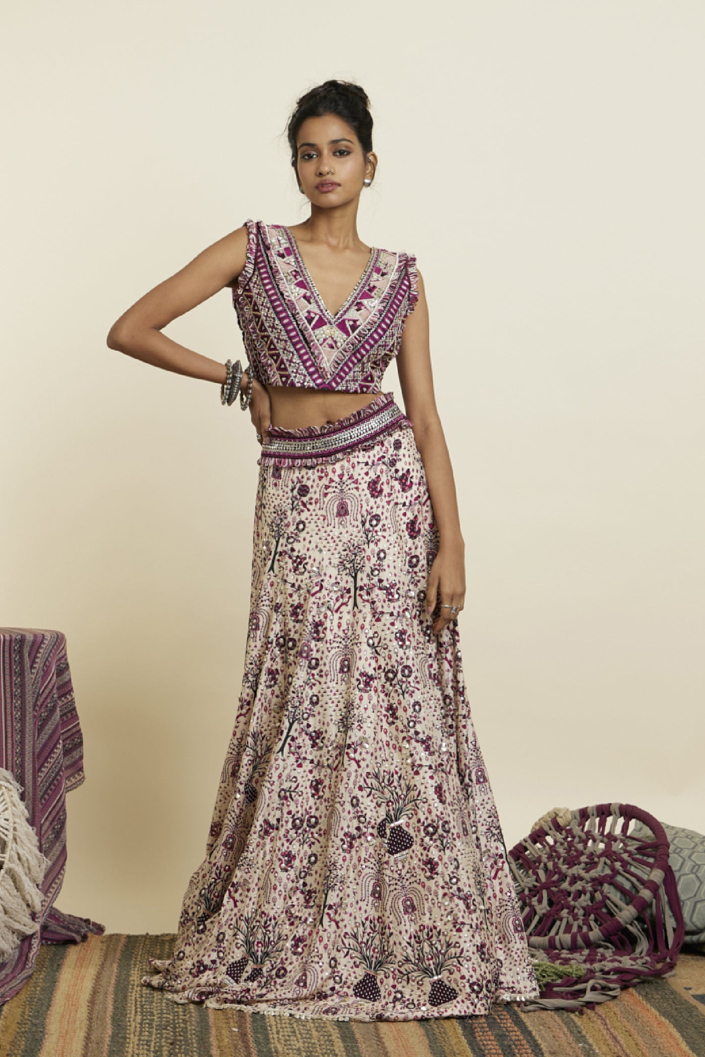SVA Merlot Print Embellished Bustier Teamed With Highlighted Lehenga Indian designer wear online shopping melange singapore