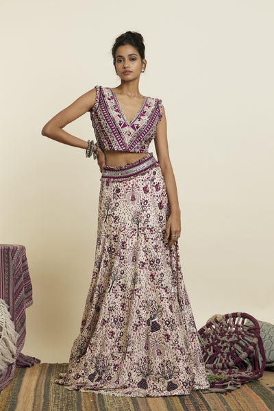 SVA Merlot Print Embellished Bustier Teamed With Highlighted Lehenga Indian designer wear online shopping melange singapore