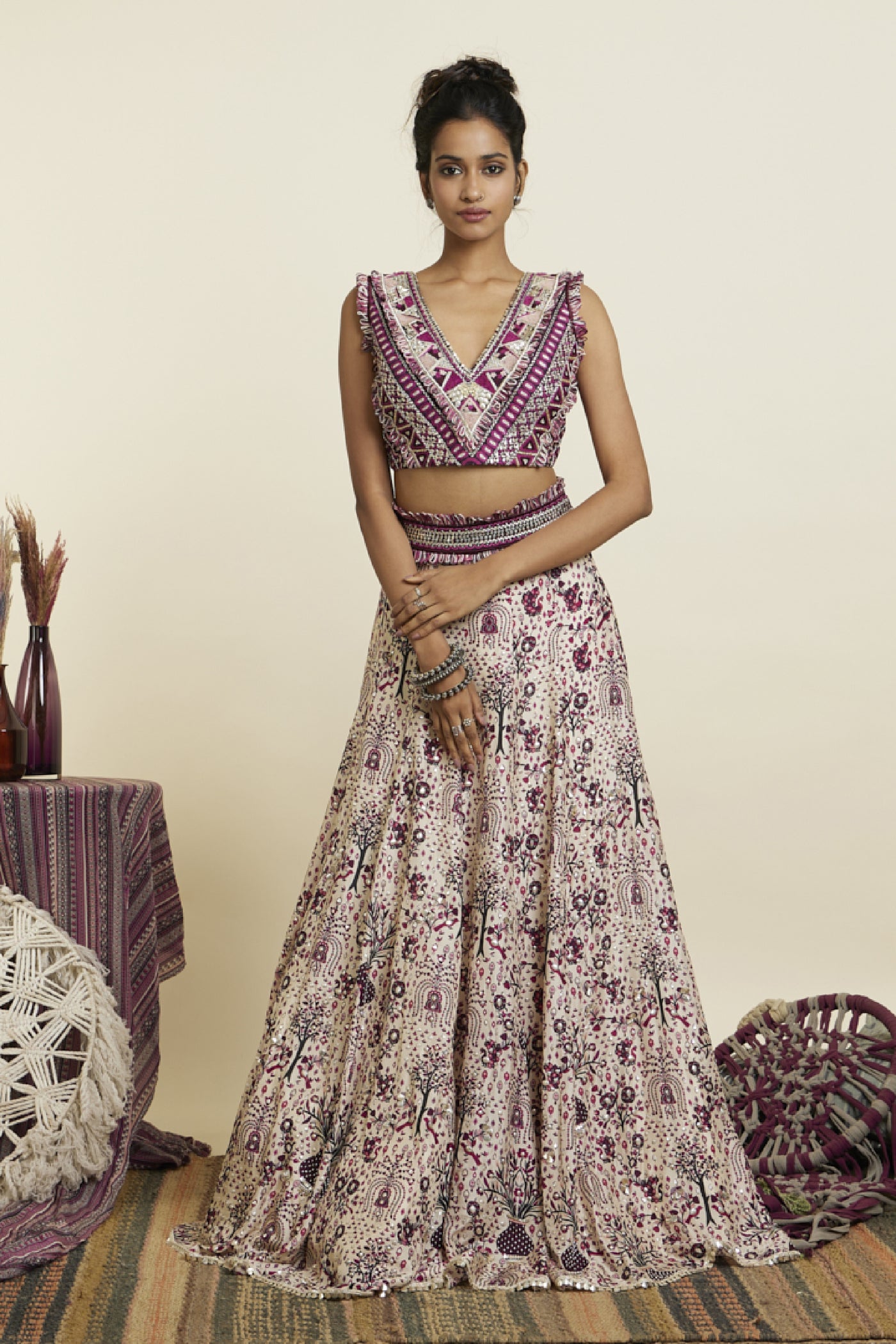 SVA Merlot Print Embellished Bustier Teamed With Highlighted Lehenga Indian designer wear online shopping melange singapore