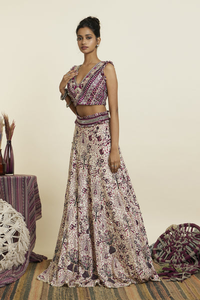 SVA Merlot Print Embellished Bustier Teamed With Highlighted Lehenga Indian designer wear online shopping melange singapore