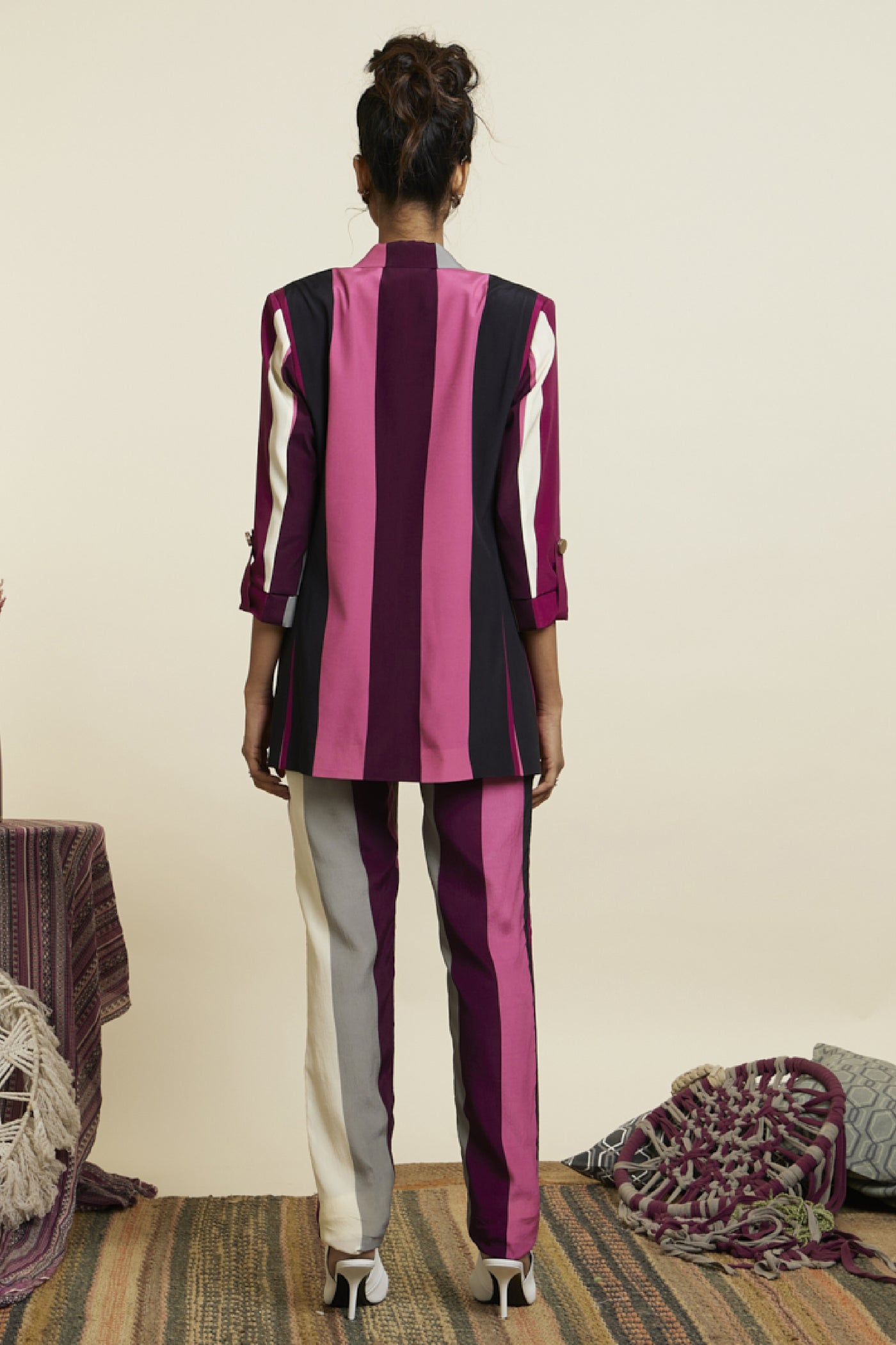 SVA Merlot Stripe Print Blazer Set Indian designer wear online shopping melange singapore