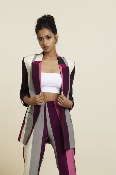 SVA Merlot Stripe Print Blazer Set Indian designer wear online shopping melange singapore