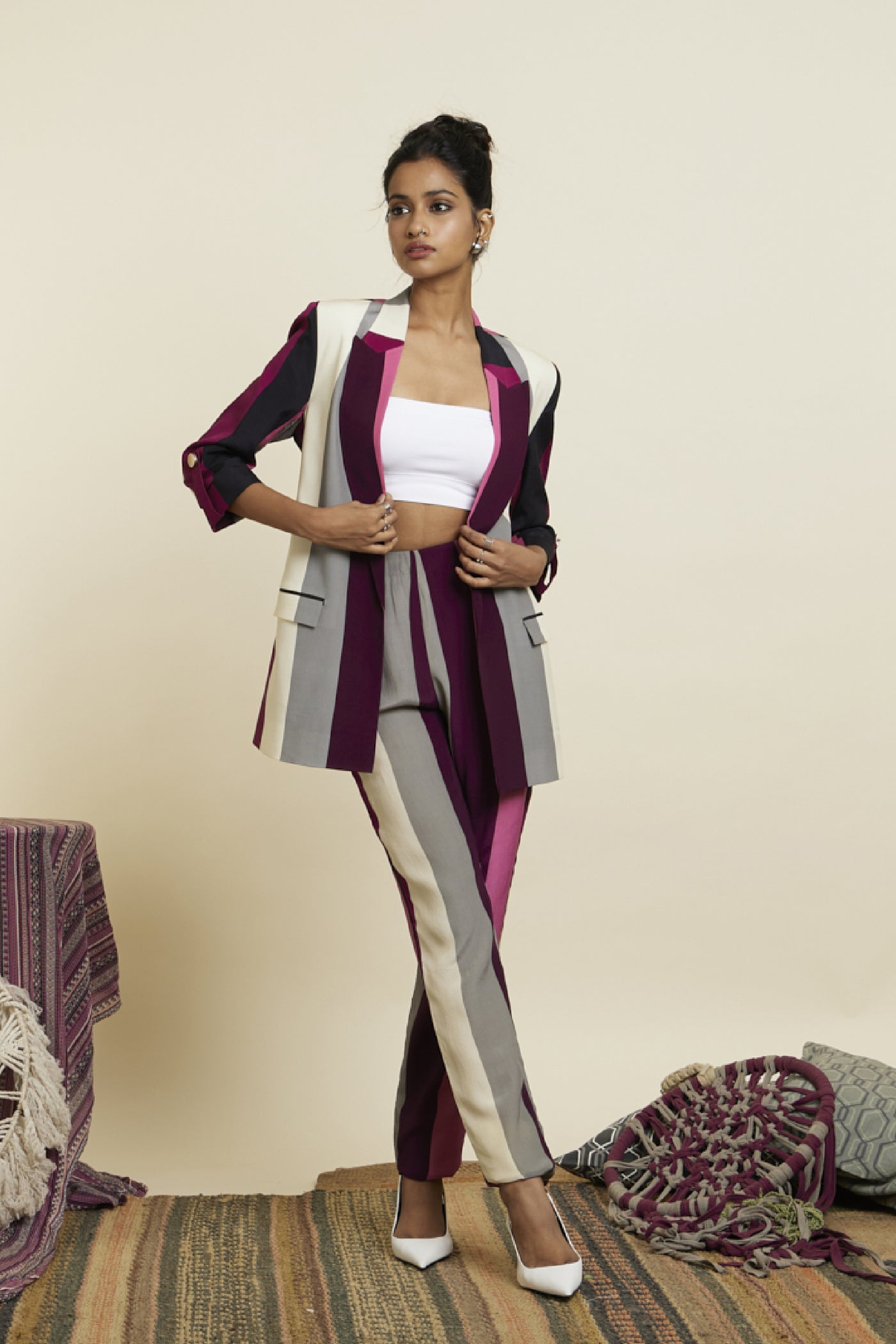 SVA Merlot Stripe Print Blazer Set Indian designer wear online shopping melange singapore