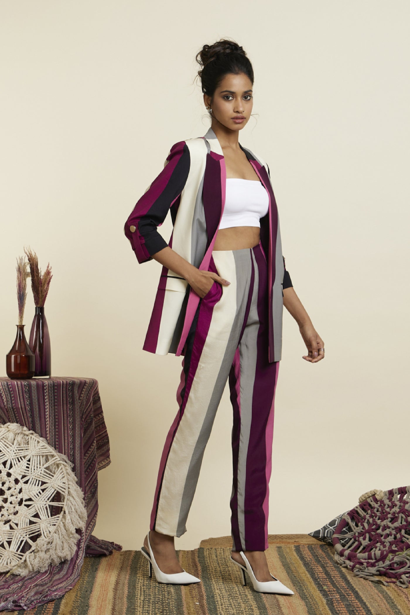 SVA Merlot Stripe Print Blazer Set Indian designer wear online shopping melange singapore