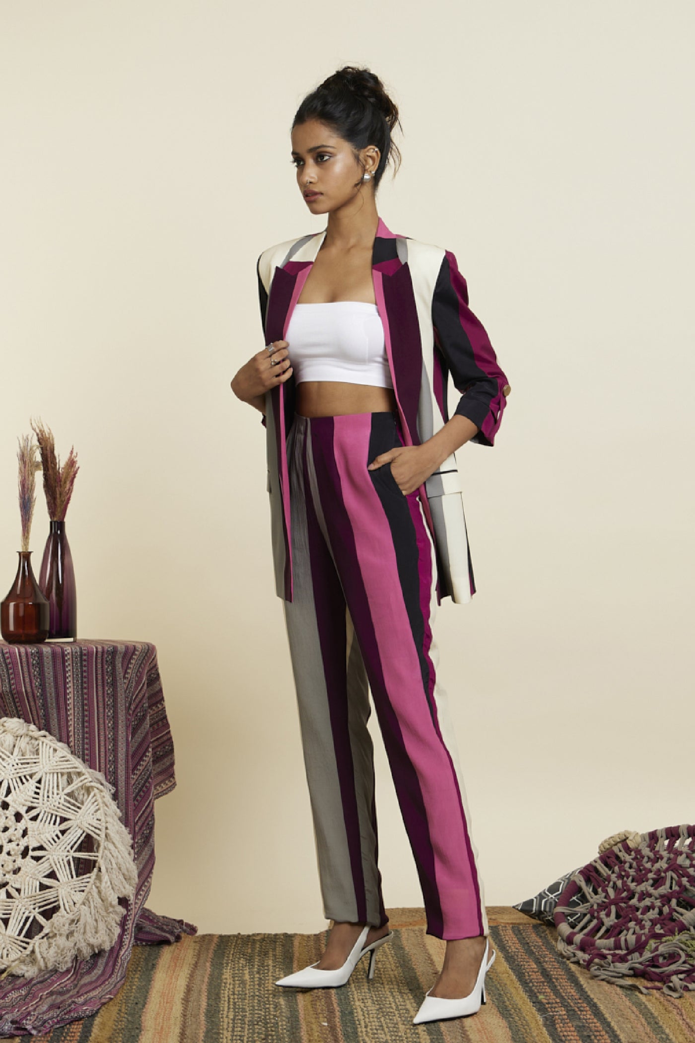 SVA Merlot Stripe Print Blazer Set Indian designer wear online shopping melange singapore