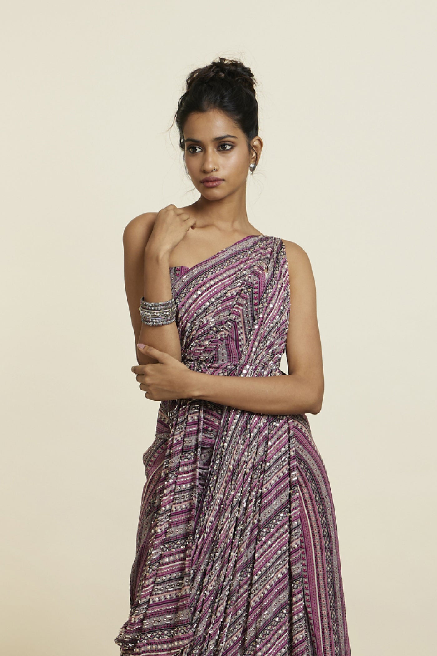 SVA Merot Boho Stripe Embellished High Slit Draped Saree Gown Indian designer wear online shopping melange singapore