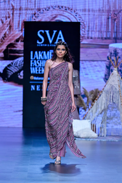 SVA Merot Boho Stripe Embellished High Slit Draped Saree Gown Indian designer wear online shopping melange singapore