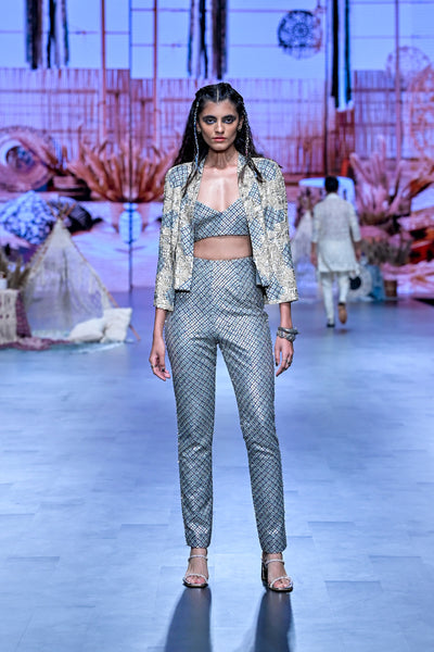 SVA Metal Jacket Paired With Embellished Bustier And Pants Indian designer wear online shopping melange singapore